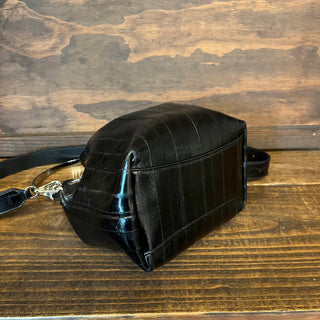 JIMMY CHOO Bon Bon Black Striped Leather Bucket Bag