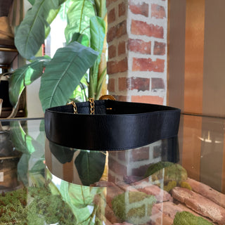 CHANEL Black Leather Gold Chain Medallion Wide Vintage Belt