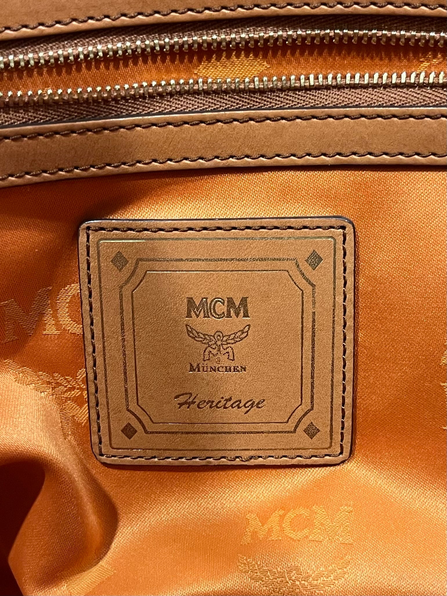 MCM Visetos Rudic Canvas Shopper Tote Bag Cognac Orange