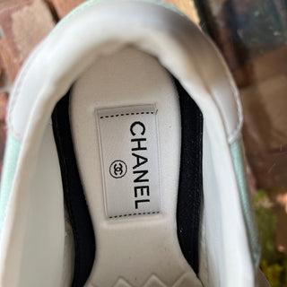 CHANEL CC Light Turquoise White Cotton Sneakers SZ37(7US)