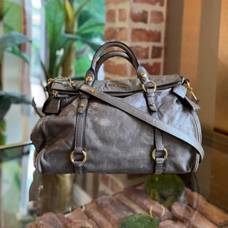 MIU MIU Mini Fold-Over Bow Gray Vitello Lux Leather Satchel Bag