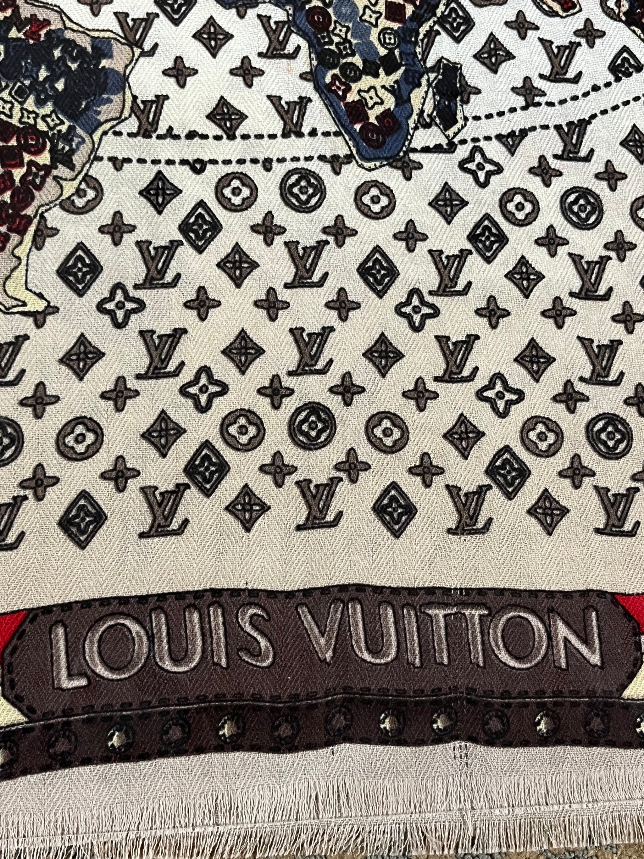 Louis Vuitton Print Silk Wool Scarf Beige,Navy