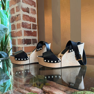 CHANEL Black Faux Pearl Wood Wedge Heels SZ 35.5