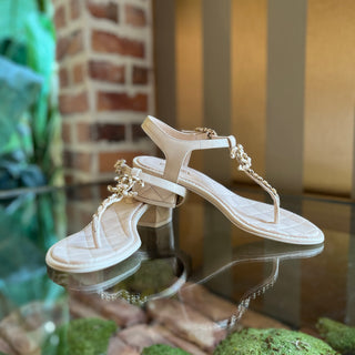 CHANEL Quilted CC Beige Lambskin Leather Sandals SZ 35 (US 5)
