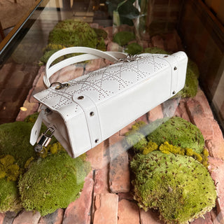 DIOR Lady Dior East West White Calfskin Leather Studded Tote Bag