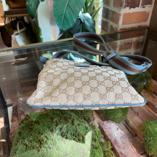 GUCCI Small Beige Blue GG Canvas Web Strap Zip Messenger Crossbody Bag