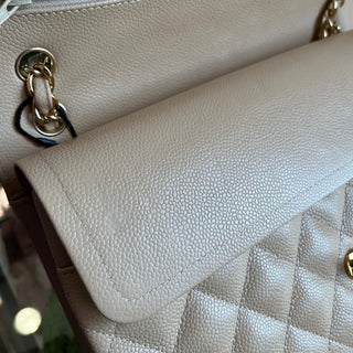 CHANEL Jumbo Double Flap Beige Caviar Quilted Leather Shoulder Bag