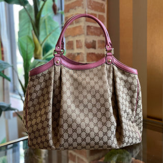 GUCCI Large Sukey Beige Pink GG Canvas Tote Bag