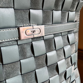TORY BURCH Lee Radziwill Blue Double Woven Leather Tote