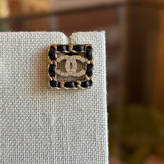 CHANEL Leather & Strass Square Woven CC Stud Earrings