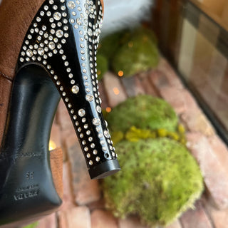 PRADA Brown Floral Beaded T Strap  Crystal Embellished Heels SZ39(9US)