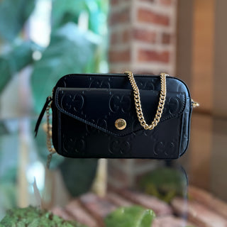 GUCCI Super Mini Pochette Black GG Embossed Leather Crossbody Bag