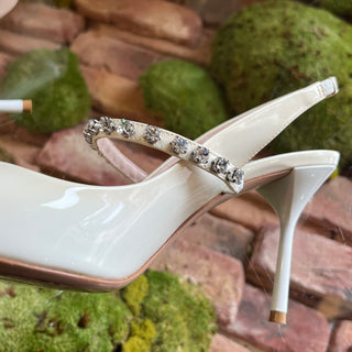 MIUMIU White Crystal Strap Patent Leather Slingback Heels SZ38(8US)