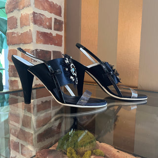 CHANEL Black Satin Leather Sling Back Heels SZ 38.5 (US 8.5)