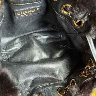 CHANEL Chocolate Brown Rabbit Fur Drawstring Shoulder Bag