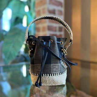 FENDI Mon Tresor Mini Brown Raffia Jacquard Bucket Bag