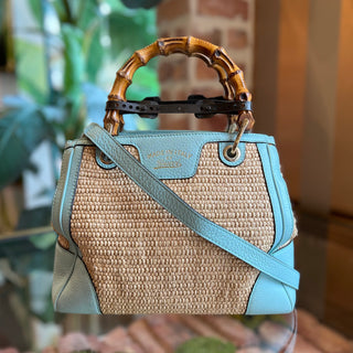 GUCCI Blue Leather Natural Raffia Woven Bamboo Shopper Tote Bag