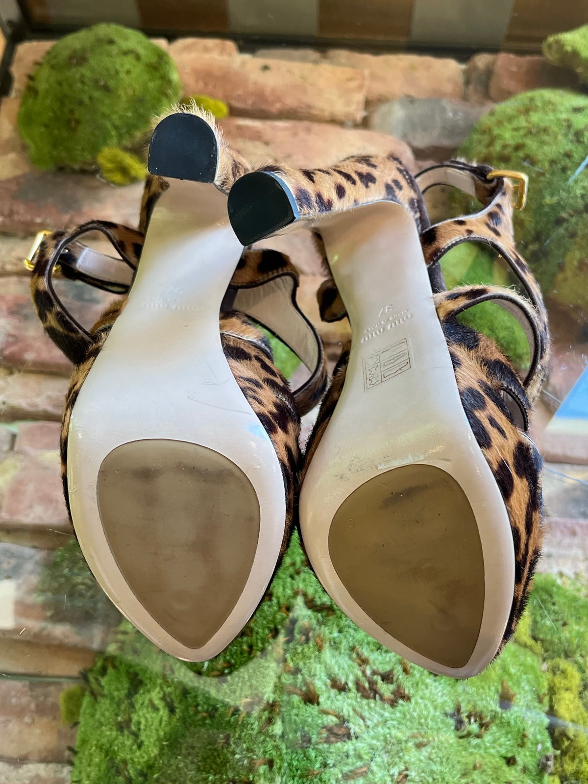 MIU MIU Brown Leopard Print Calf Hair Ankle Strap Platform Sandals SZ37