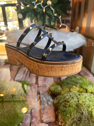 VALENTINO  Navy Blue Rockstud Cork Sandals SZ 37.5