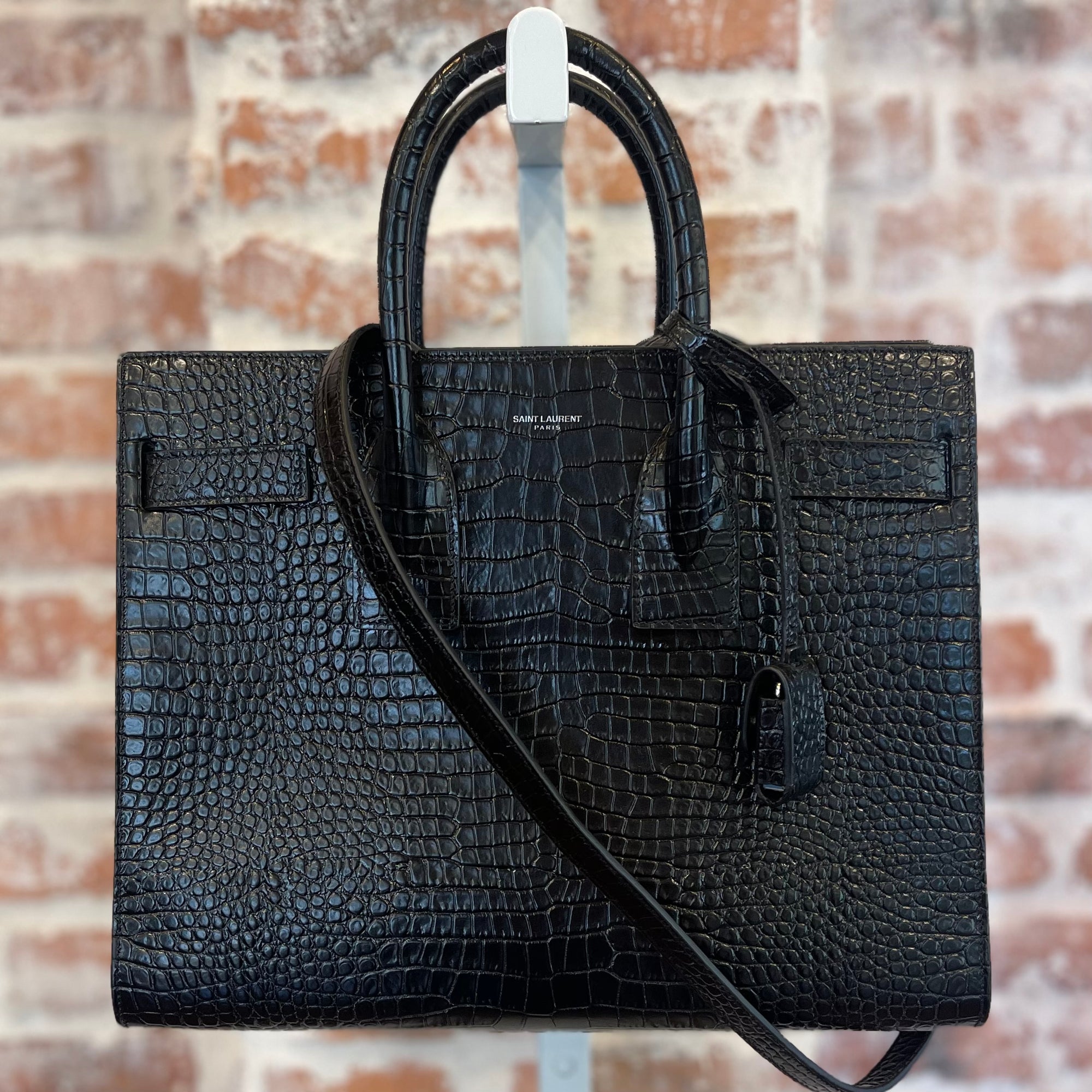 SAINT LAURENT Black Croc Embossed Leather Sac De Jour