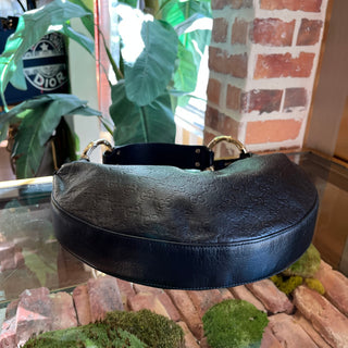 GUCCI Black Guccissima Half Moon Bamboo Ring Hobo Bag