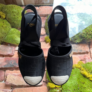 FENDI FF Black Embroidered Canvas Ankle Tie Espadrille Wedges SZ 35 (US 5)