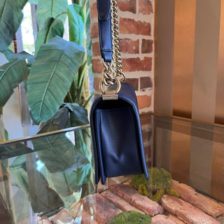 CHANEL Dark Navy Boy Bag Medium Calfskin Shoulder Bag