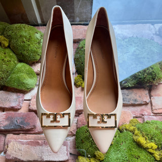 TORY BURCH T Logo White Leather Heels SZ 8.5