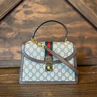 GUCCI Small Ophidia Beige GG Web Canvas Top Handle Bag