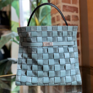 TORY BURCH Lee Radziwill Blue Double Woven Leather Tote