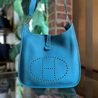 HERMES Evelyne PM III Blue Jean Clemence Leather Crossbody Bag