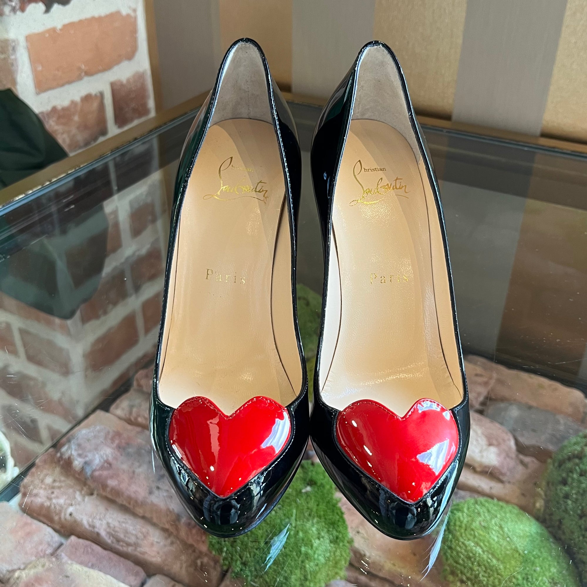Christian Louboutin Women Black Patent Red Heart Heels