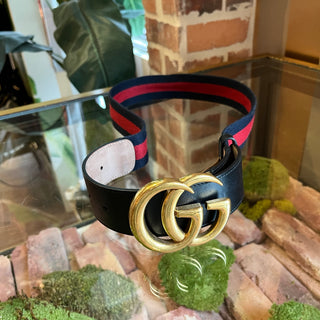 GUCCI Interlocking G Navy Blue & Red Web Stripe Canvas Belt SZ80/32(4US)