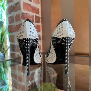 SAINT LAURENT Paris 105 Studded Black/White Leather Heels SZ 37.5 (US 7.5)