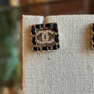 CHANEL Leather & Strass Square Woven CC Stud Earrings