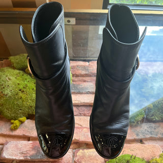 CHANEL Black Leather CC Calfskin Leather Ankle Boots SZ 36.5 (SZ 6.5)