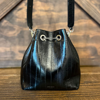 JIMMY CHOO Bon Bon Black Striped Leather Bucket Bag