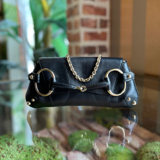 GUCCI Horsebit East-West Pochette Black Leather Shoulder Bag