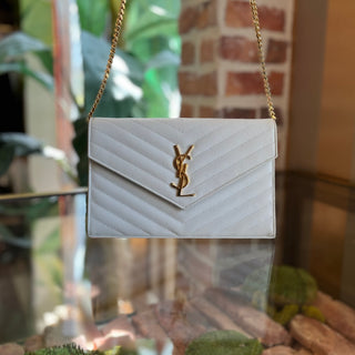 SAINT LAURENT Classic Cassandre Chain White Grain De Poudre Leather Crossbody