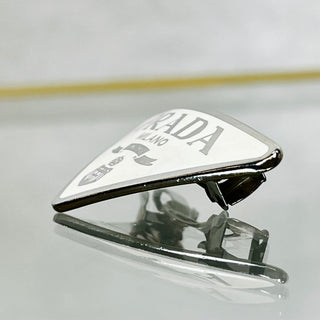 PRADA White Silver Metal Enamel Triangle Logo Hair Clip