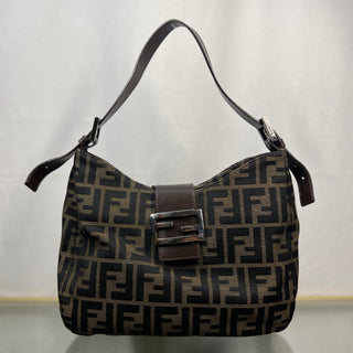 FENDI Brown Zucca Canvas Leather Shoulder Bag