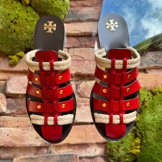 TORY BURCH Fishermen Tory Red Calf Leather Mule Sandals SZ 7