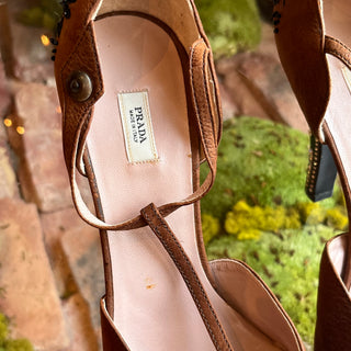 PRADA Brown Floral Beaded T Strap  Crystal Embellished Heels SZ39(9US)