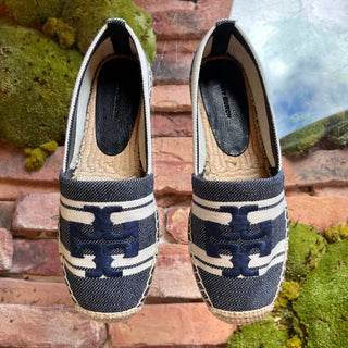 TORY BURCH Double T Jacquard Blue Espadrilles SZ 8