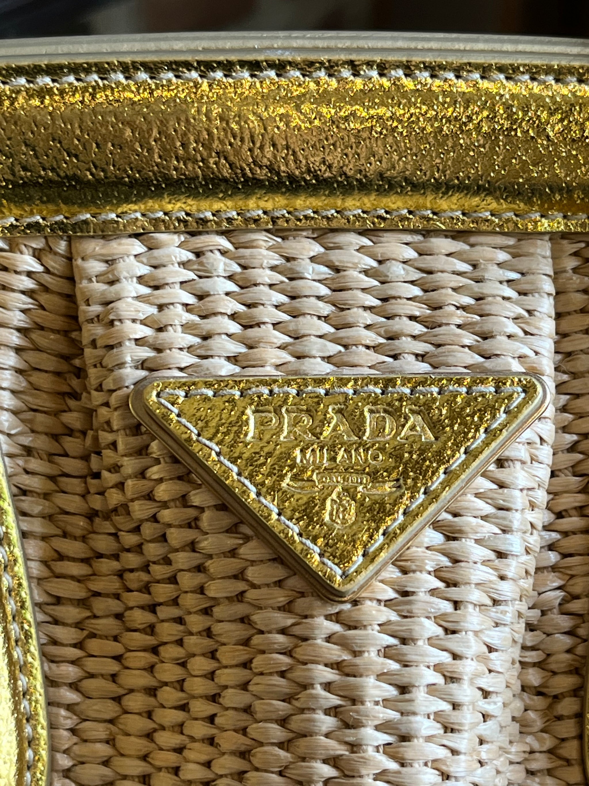 PRADA Raffia Woven & Metallic Gold Leather Madras Frame Top Chain