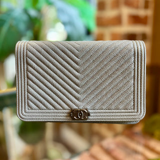 CHANEL Chevron Quilted Gray Caviar Leather Wallet On Chain