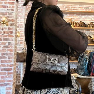 DOLCE & GABBANA Snakeskin Crystal-Embellished Studded DG Logo Chain Bag
