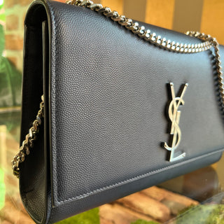 SAINT LAURENT Kate Navy Blue Grain De Poudre YSL Monogram Shoulder Bag