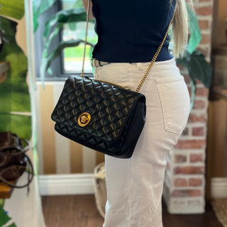 VERSACE Black Leather Quilted Flap Medusa Shoulder Bag