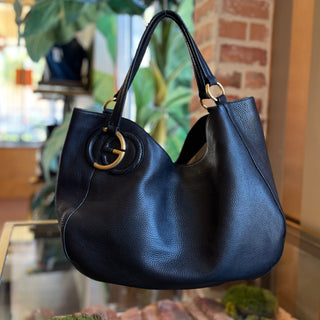 GUCCI Twill Black Grained Leather Hobo Bag